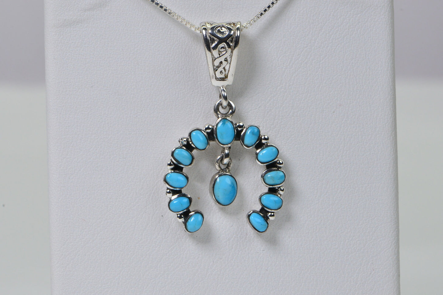 Sleeping Beauty Turquoise Pendant: Sterling Silver Squash Blossom Charm