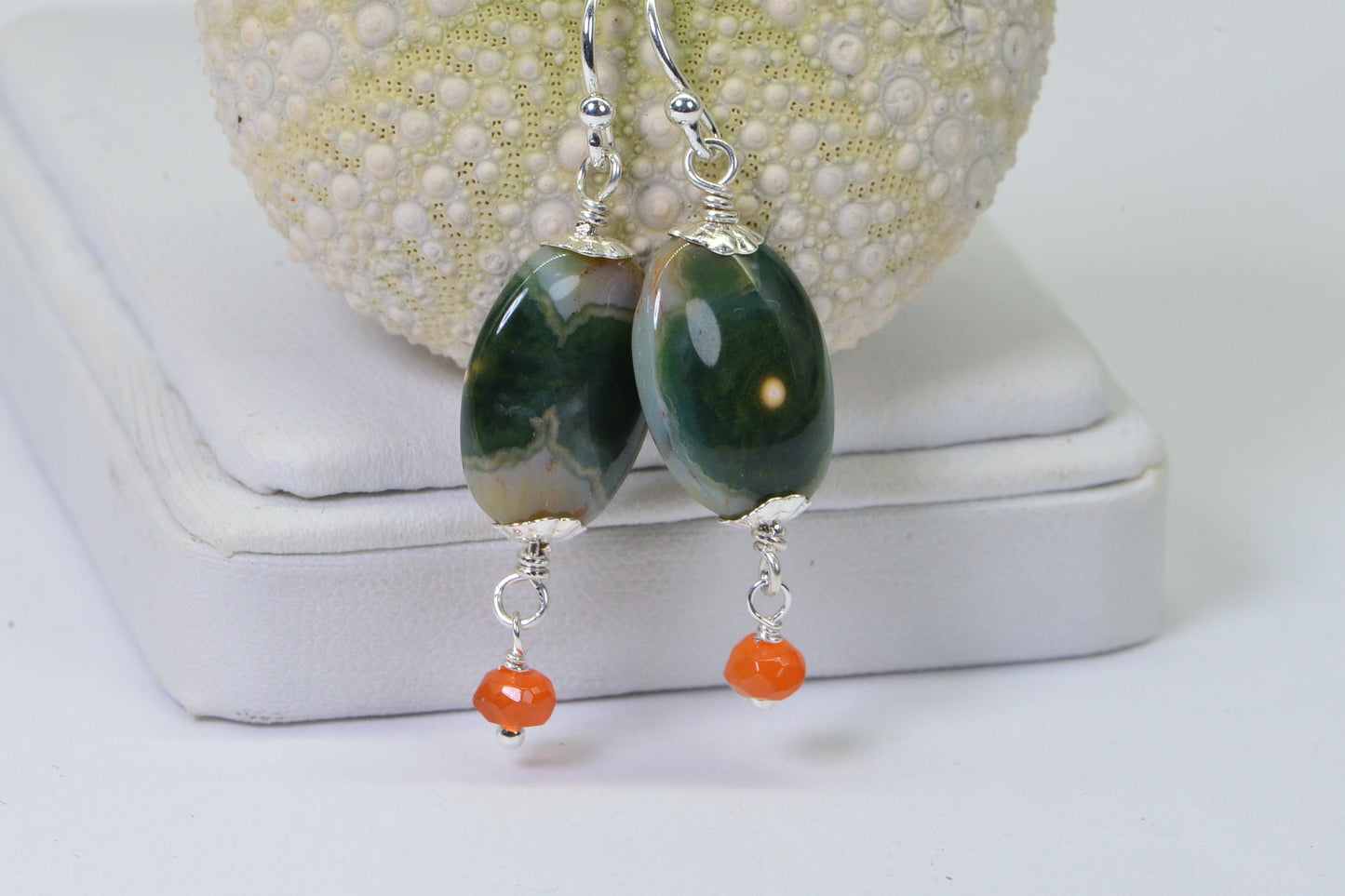Ocean Jasper Earrings: Sterling Silver Wire Wrapped Carnelian Gemstone