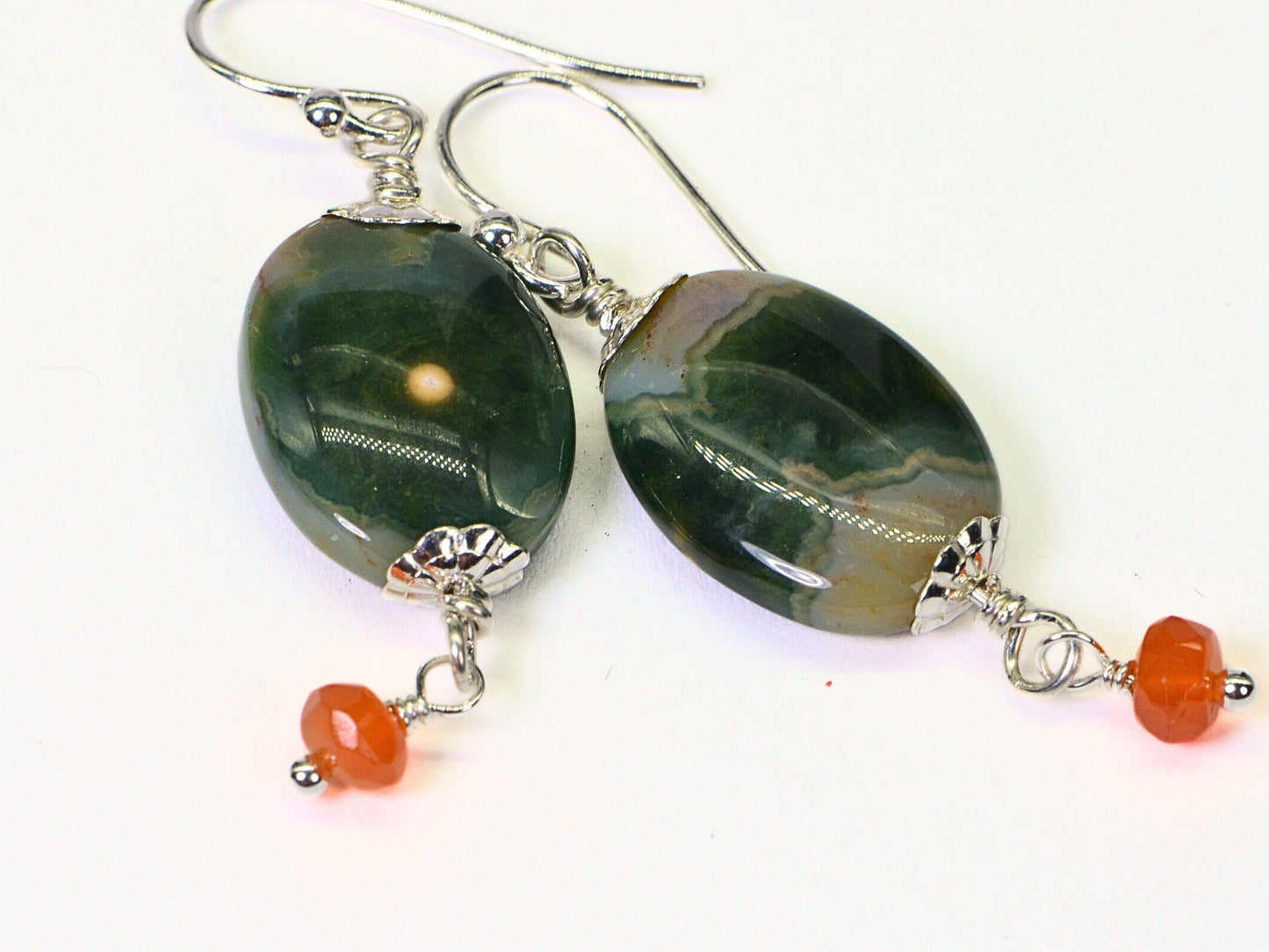 Ocean Jasper Earrings: Sterling Silver Wire Wrapped Carnelian Gemstone