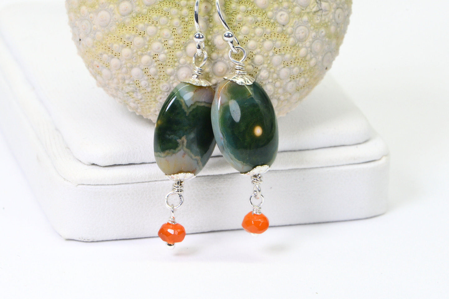 Ocean Jasper Earrings: Sterling Silver Wire Wrapped Carnelian Gemstone