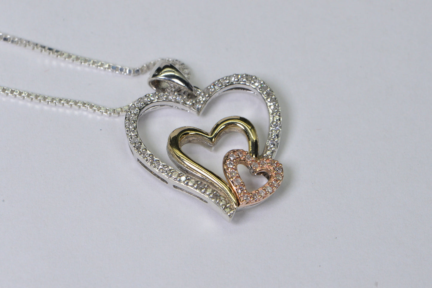 10K Gold Diamond Heart Pendant Necklace: Tricolor Sterling Silver Family Gift