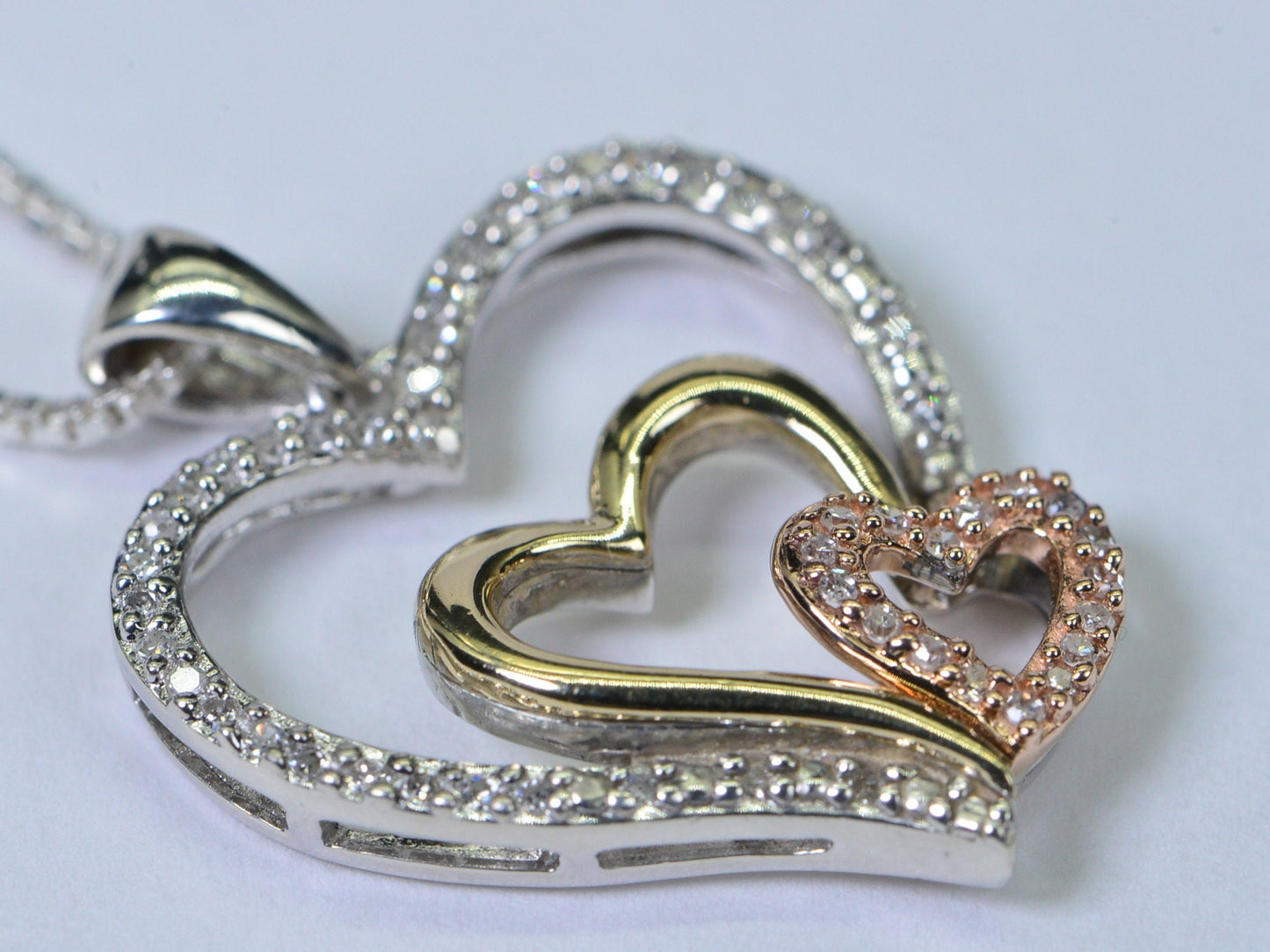 10K Gold Diamond Heart Pendant Necklace: Tricolor Sterling Silver Family Gift