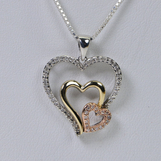 10K Gold Diamond Heart Pendant Necklace: Tricolor Sterling Silver Family Gift