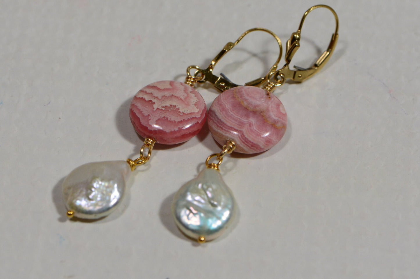Earrings Rhodochrosite Natural stone 14K gold Filled / Freshwater pearl and Rhodochrosite /Dangle/ Chandelier