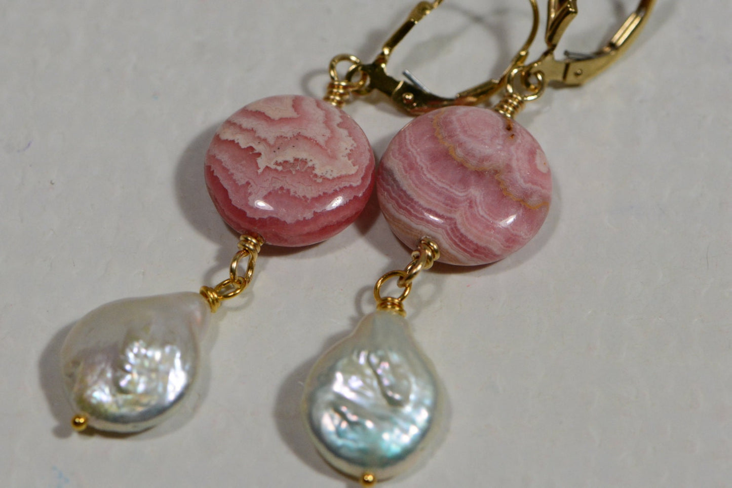 Earrings Rhodochrosite Natural stone 14K gold Filled / Freshwater pearl and Rhodochrosite /Dangle/ Chandelier