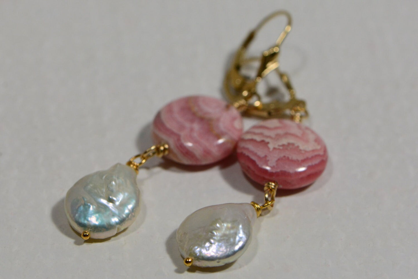 Earrings Rhodochrosite Natural stone 14K gold Filled / Freshwater pearl and Rhodochrosite /Dangle/ Chandelier