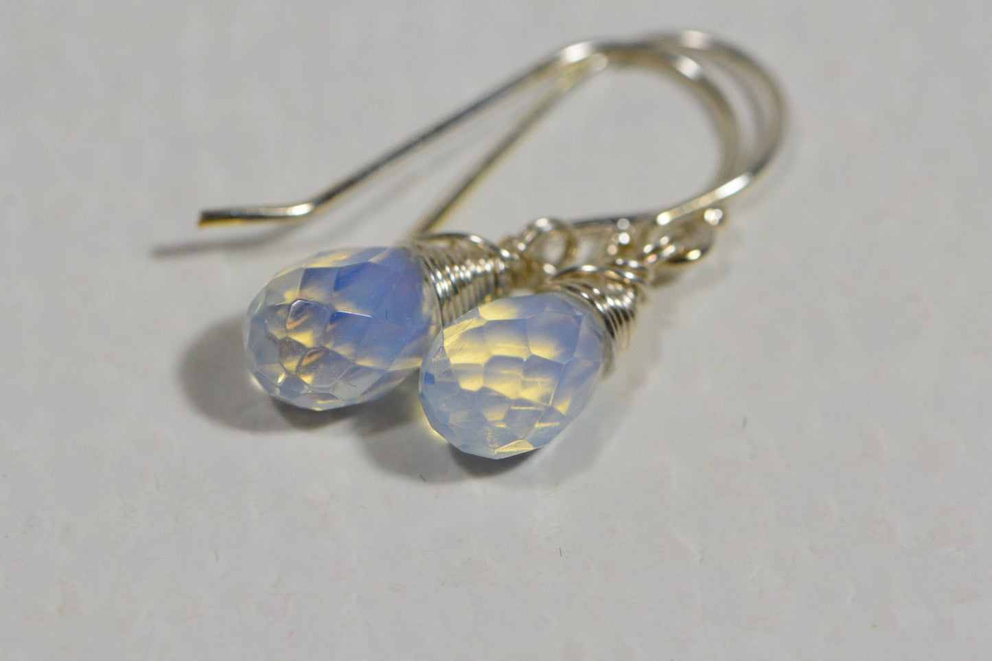 Sterling Silver Opalite Earrings: Wire Wrapped Gemstone Teardrop