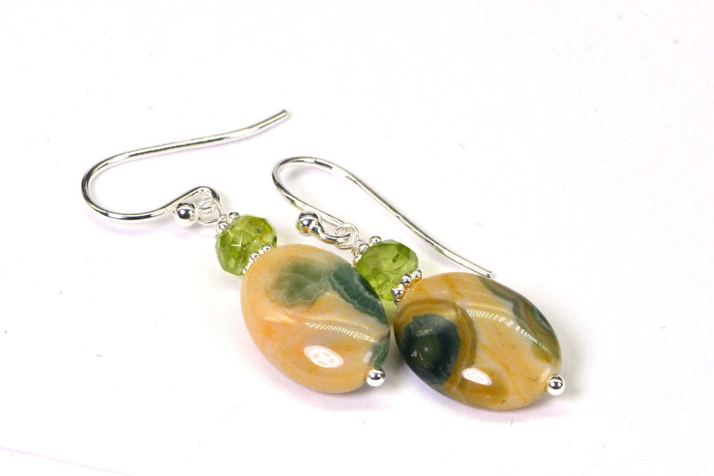 Ocean Jasper Earrings Multi Stone Peridot Jasper Wire Wrapped Sterling Silver