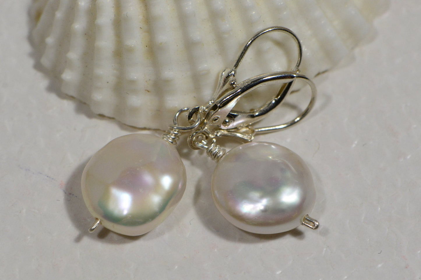 Freshwater Coin Pearl Sterling Silver Earrings: Lever Back Dangle