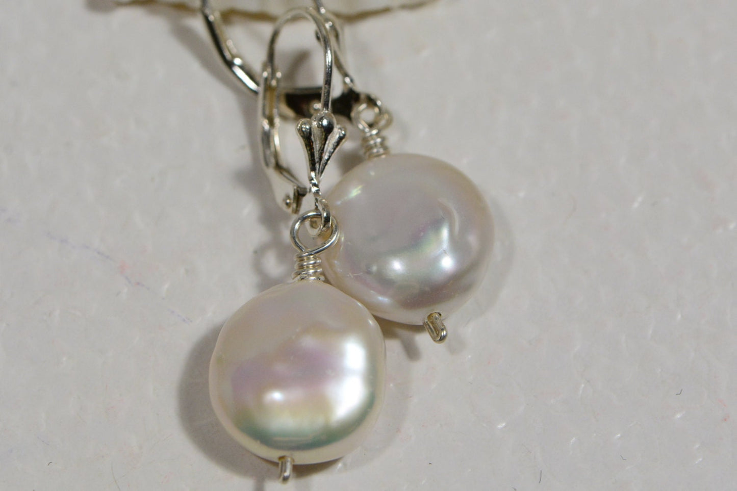 Freshwater Coin Pearl Sterling Silver Earrings: Lever Back Dangle