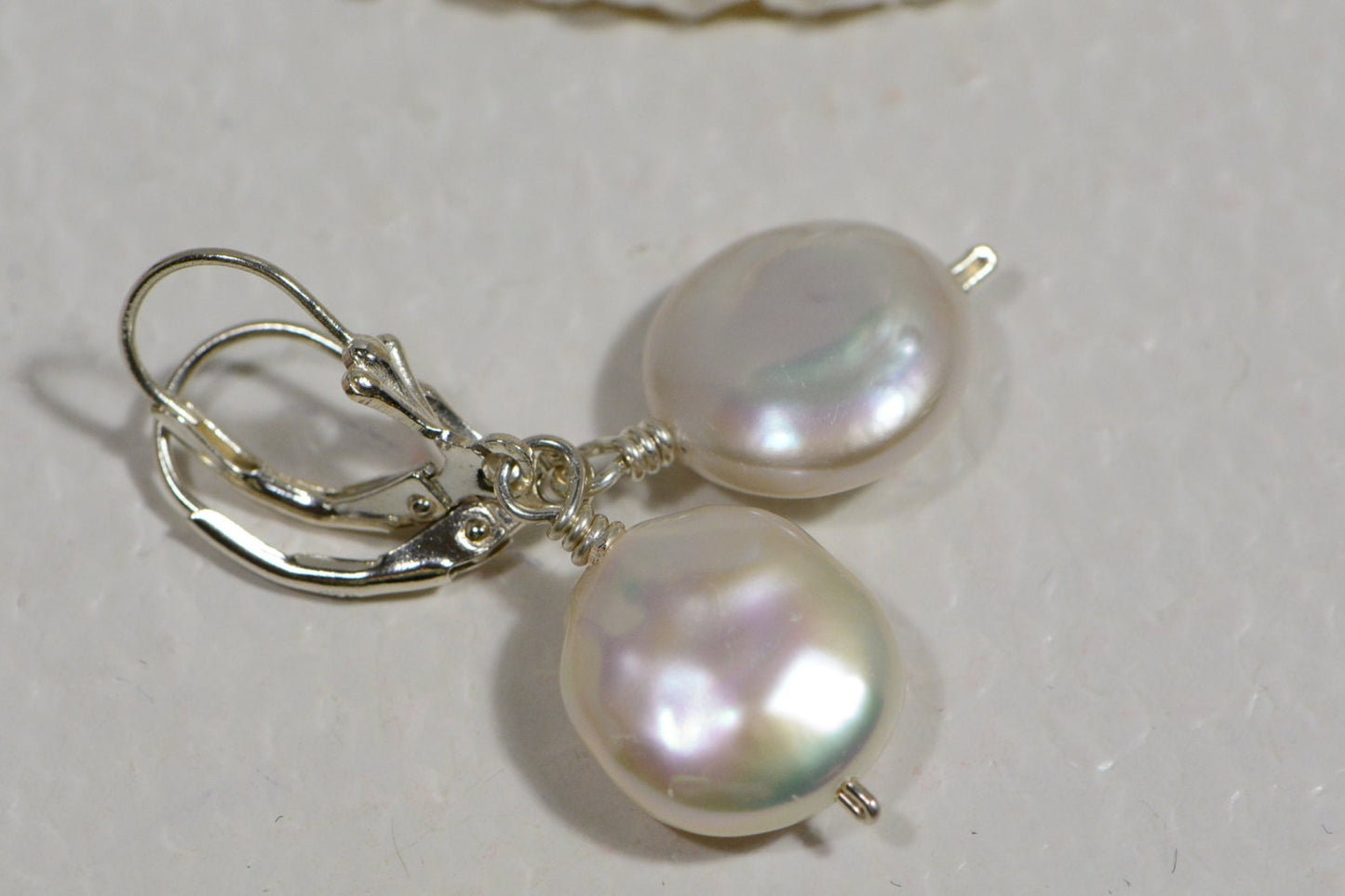 Freshwater Coin Pearl Sterling Silver Earrings: Lever Back Dangle