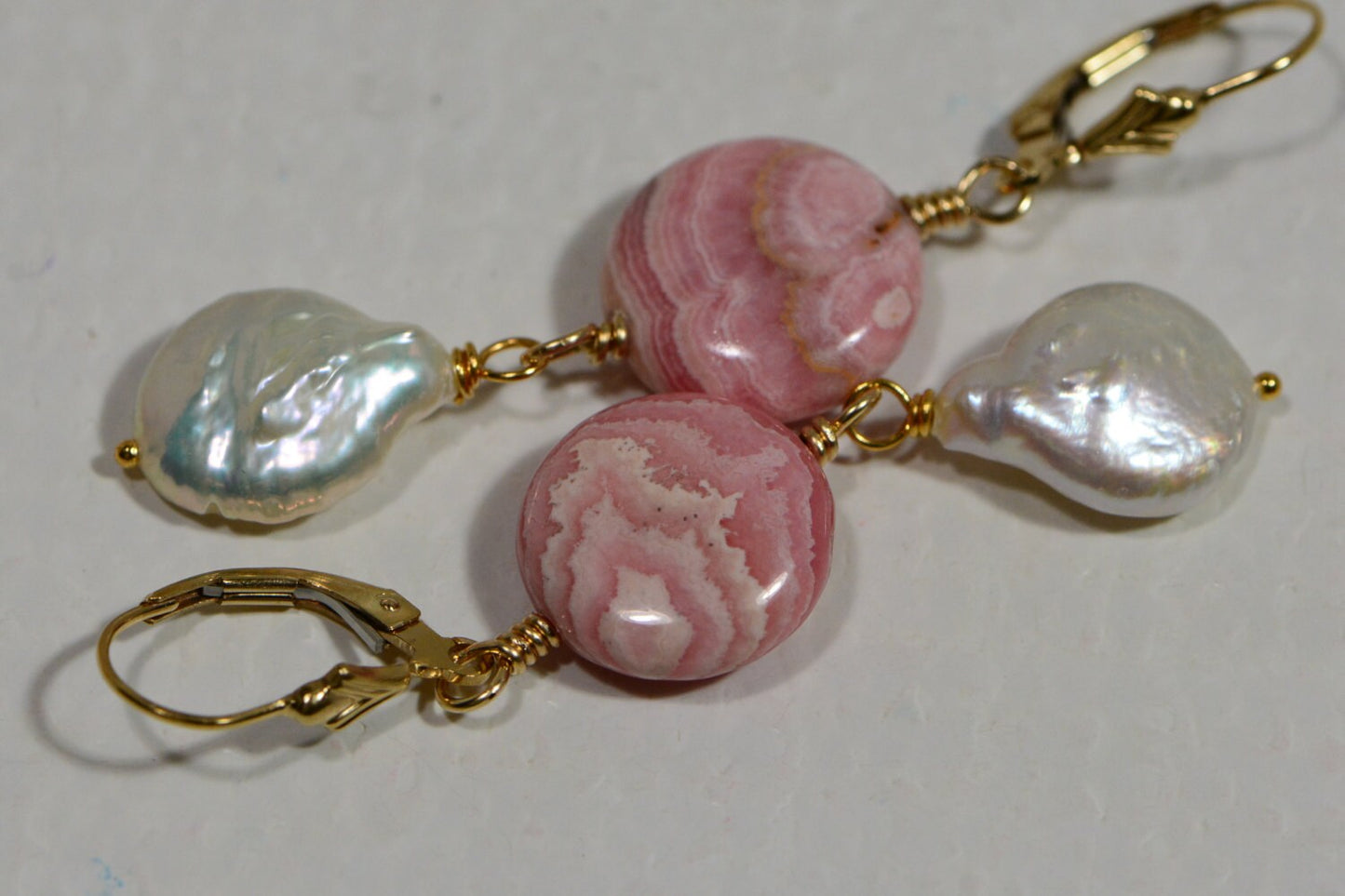 Earrings Rhodochrosite Natural stone 14K gold Filled / Freshwater pearl and Rhodochrosite /Dangle/ Chandelier