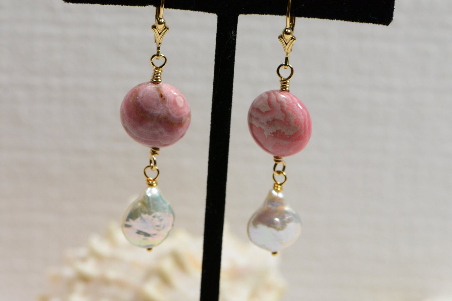 Earrings Rhodochrosite Natural stone 14K gold Filled / Freshwater pearl and Rhodochrosite /Dangle/ Chandelier