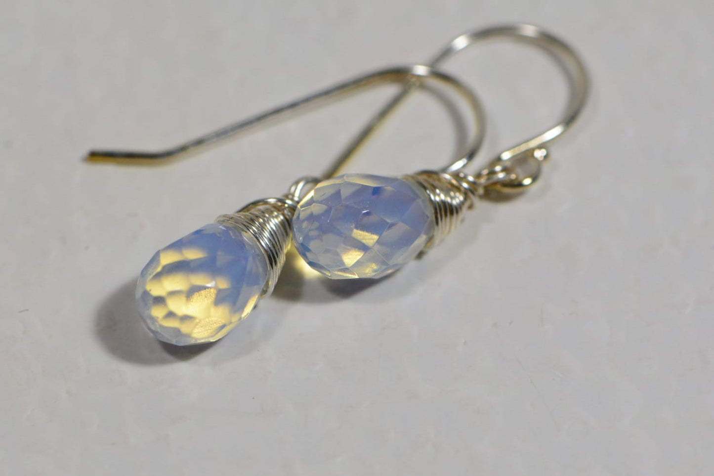 Sterling Silver Opalite Earrings: Wire Wrapped Gemstone Teardrop