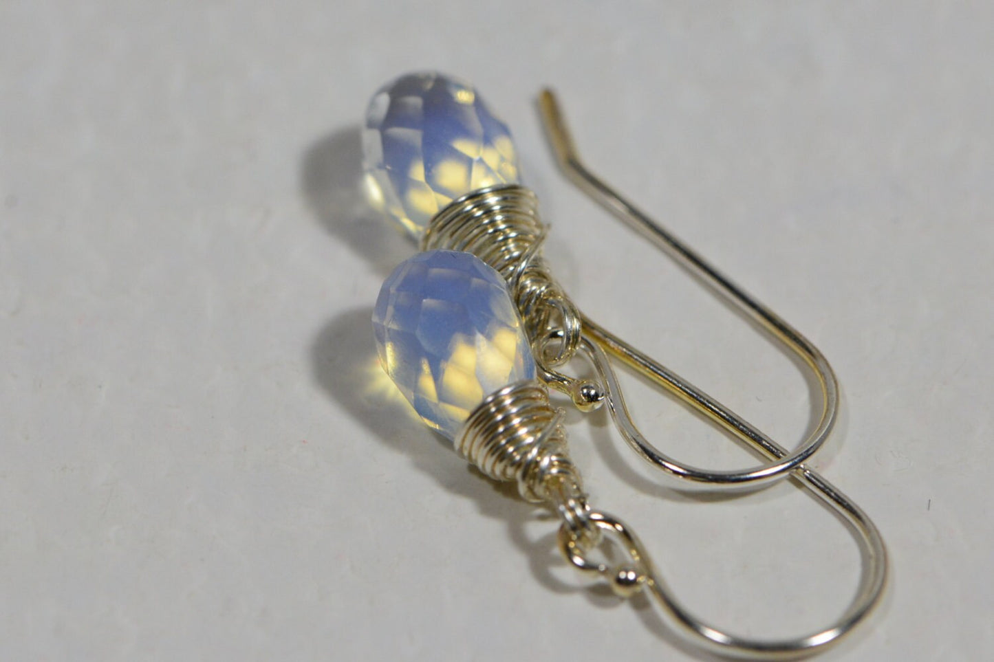 Sterling Silver Opalite Earrings: Wire Wrapped Gemstone Teardrop