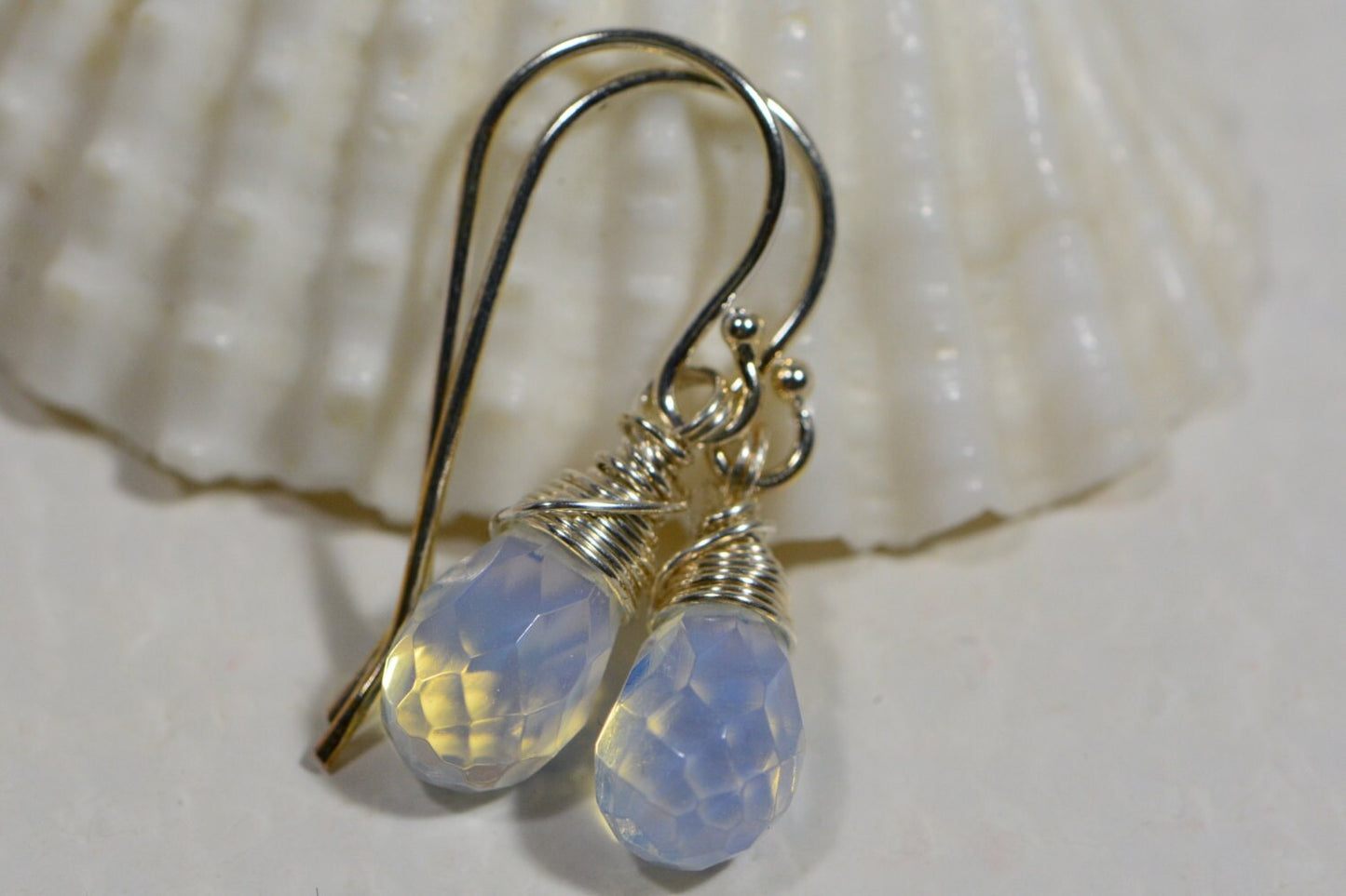 Sterling Silver Opalite Earrings: Wire Wrapped Gemstone Teardrop