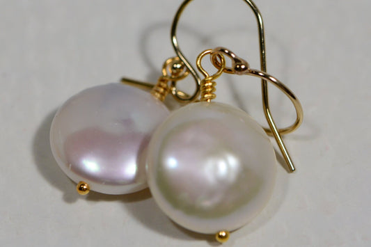 AAA Freshwater Coin Pearl Earrings, 14k Gold Filled Wire