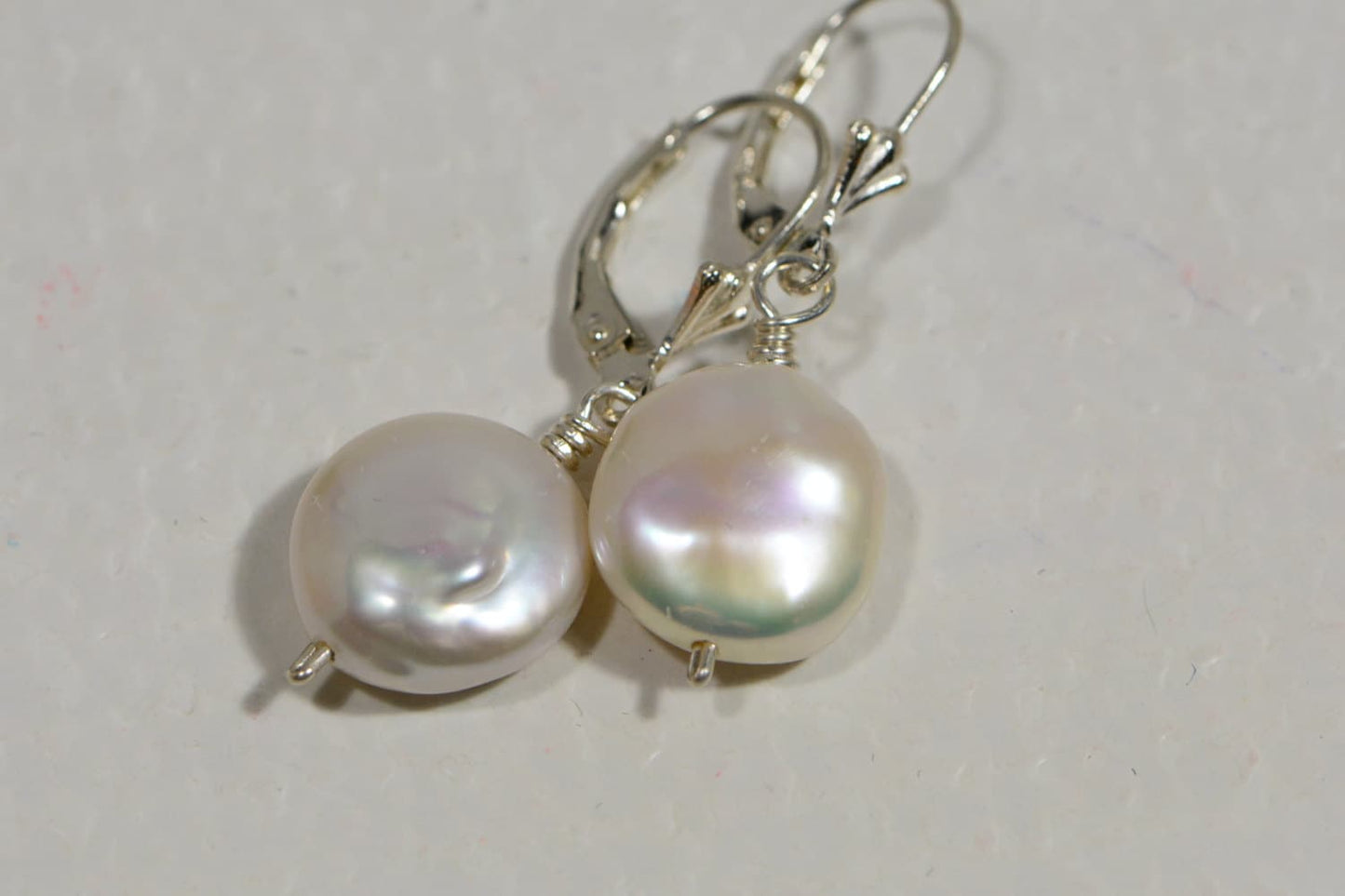 Freshwater Coin Pearl Sterling Silver Earrings: Lever Back Dangle