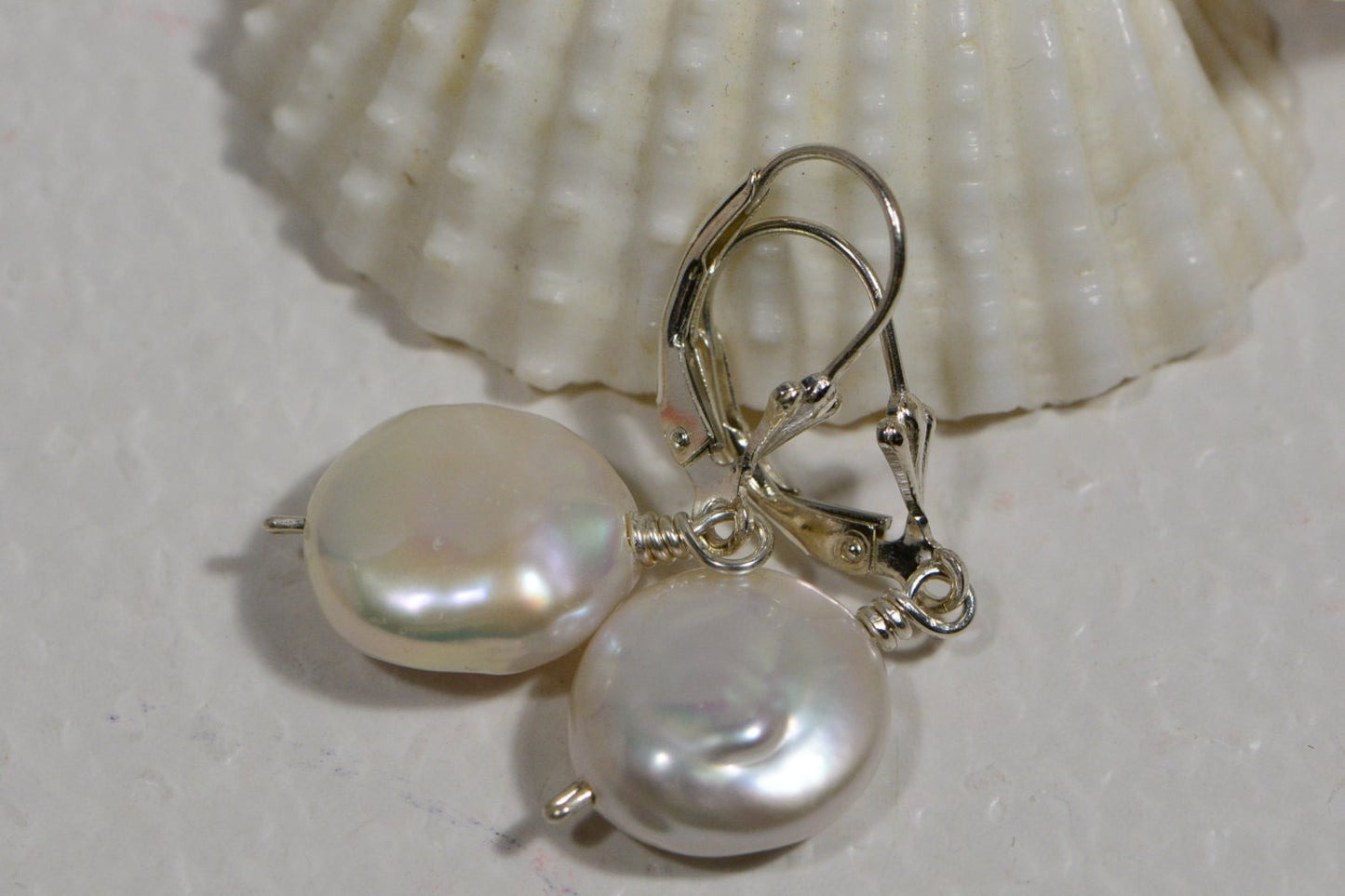 Freshwater Coin Pearl Sterling Silver Earrings: Lever Back Dangle