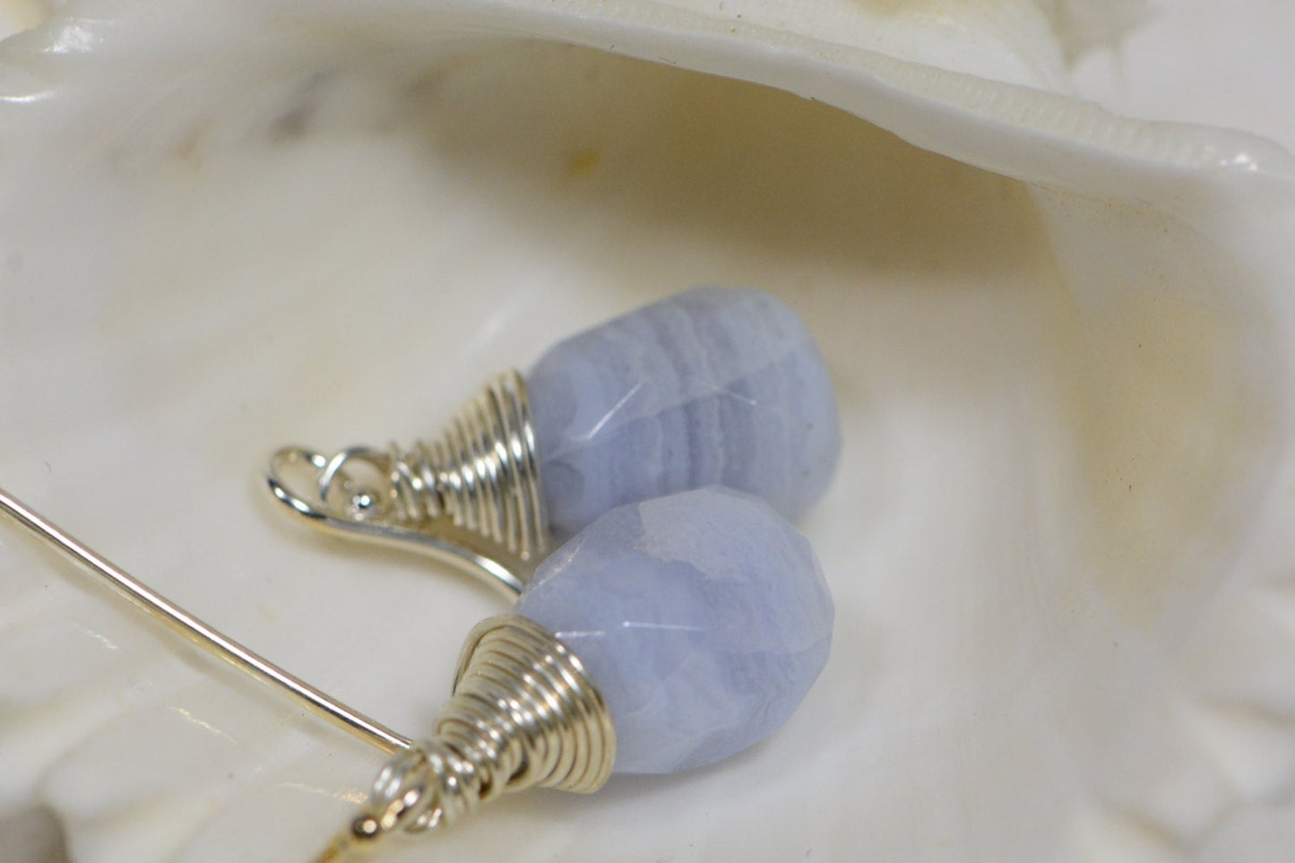 Blue Agate Briolette Earrings, Wire Wrapped Sterling Silver