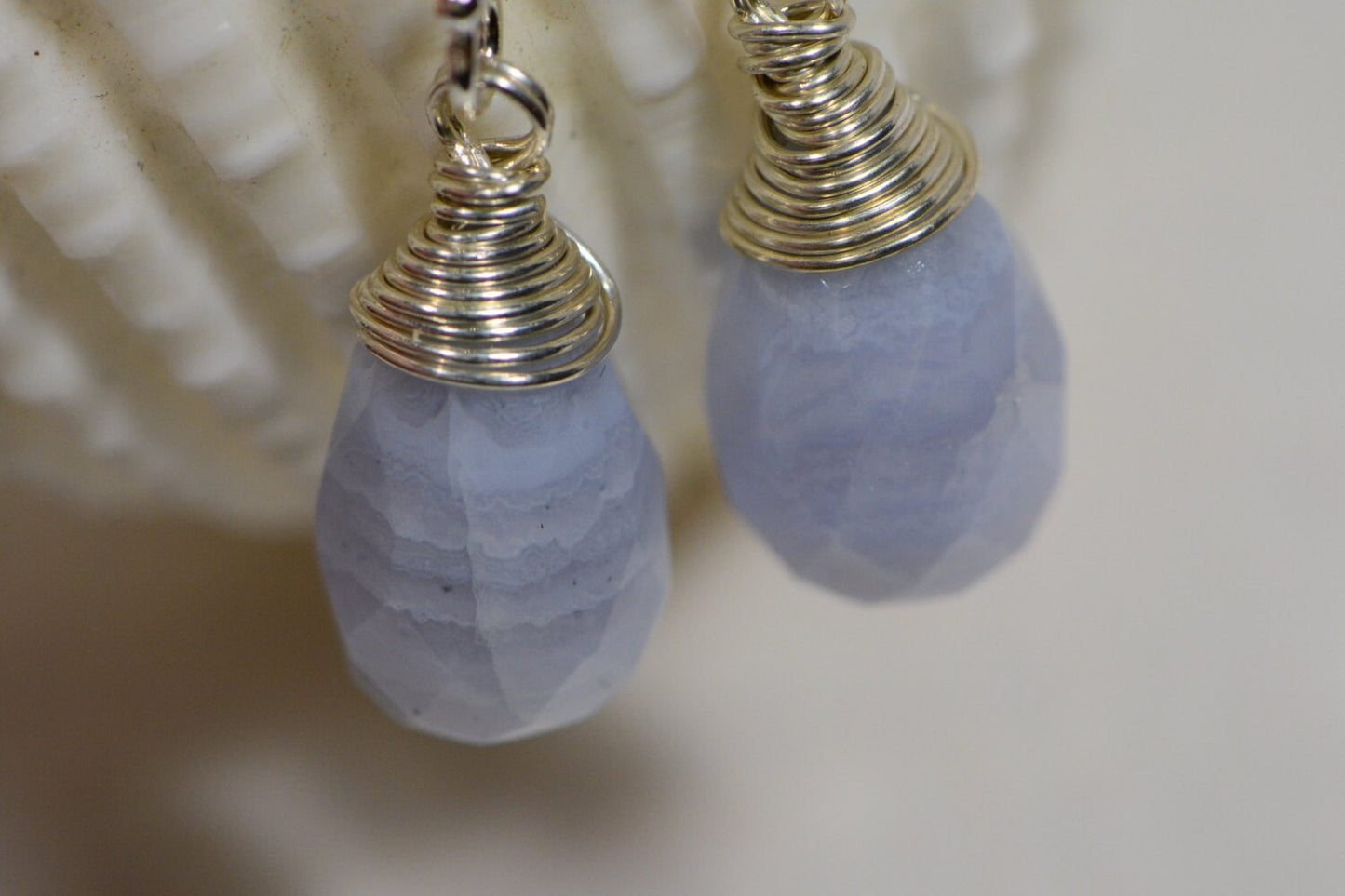 Blue Agate Briolette Earrings, Wire Wrapped Sterling Silver