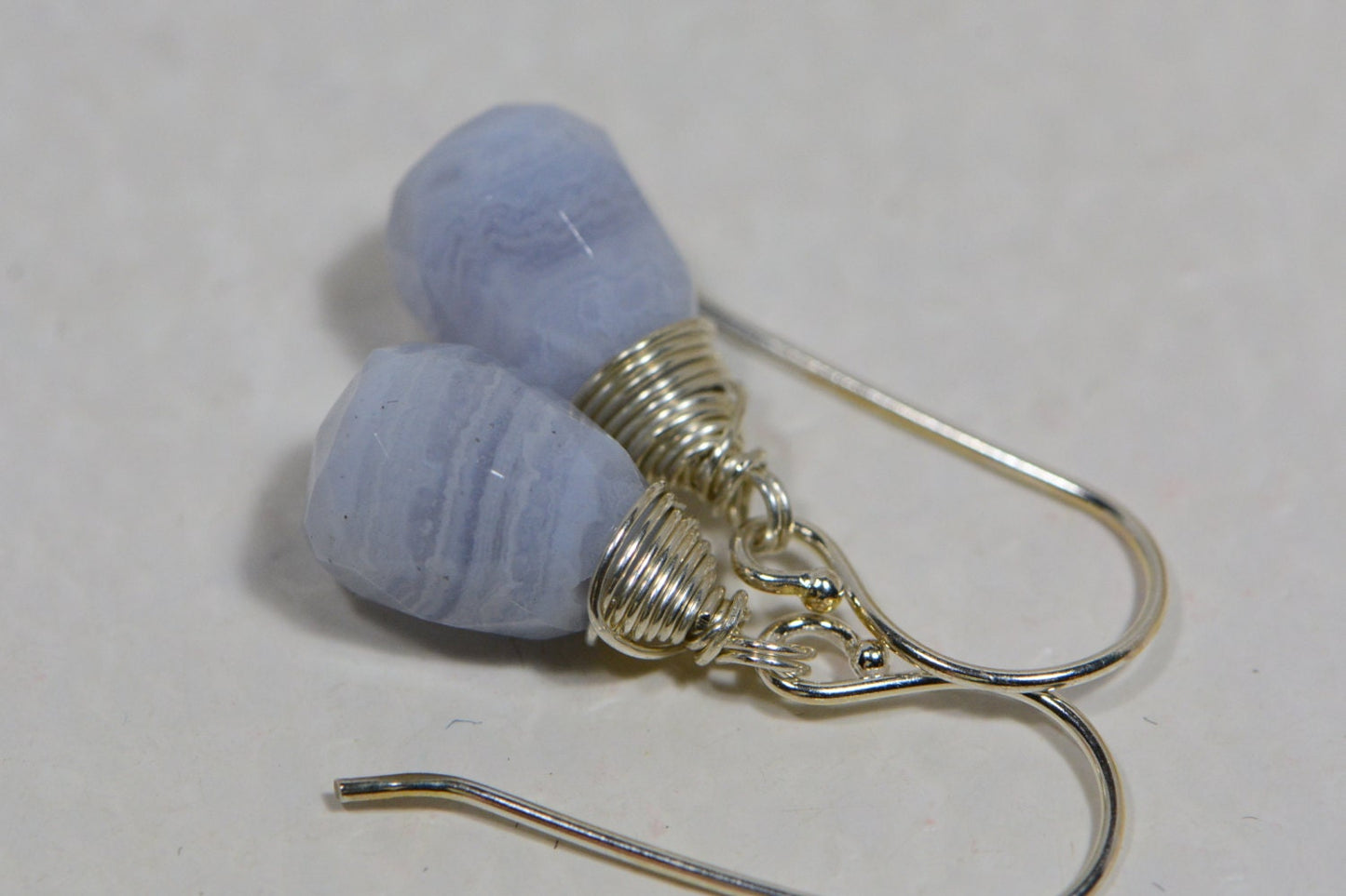 Blue Agate Briolette Earrings, Wire Wrapped Sterling Silver