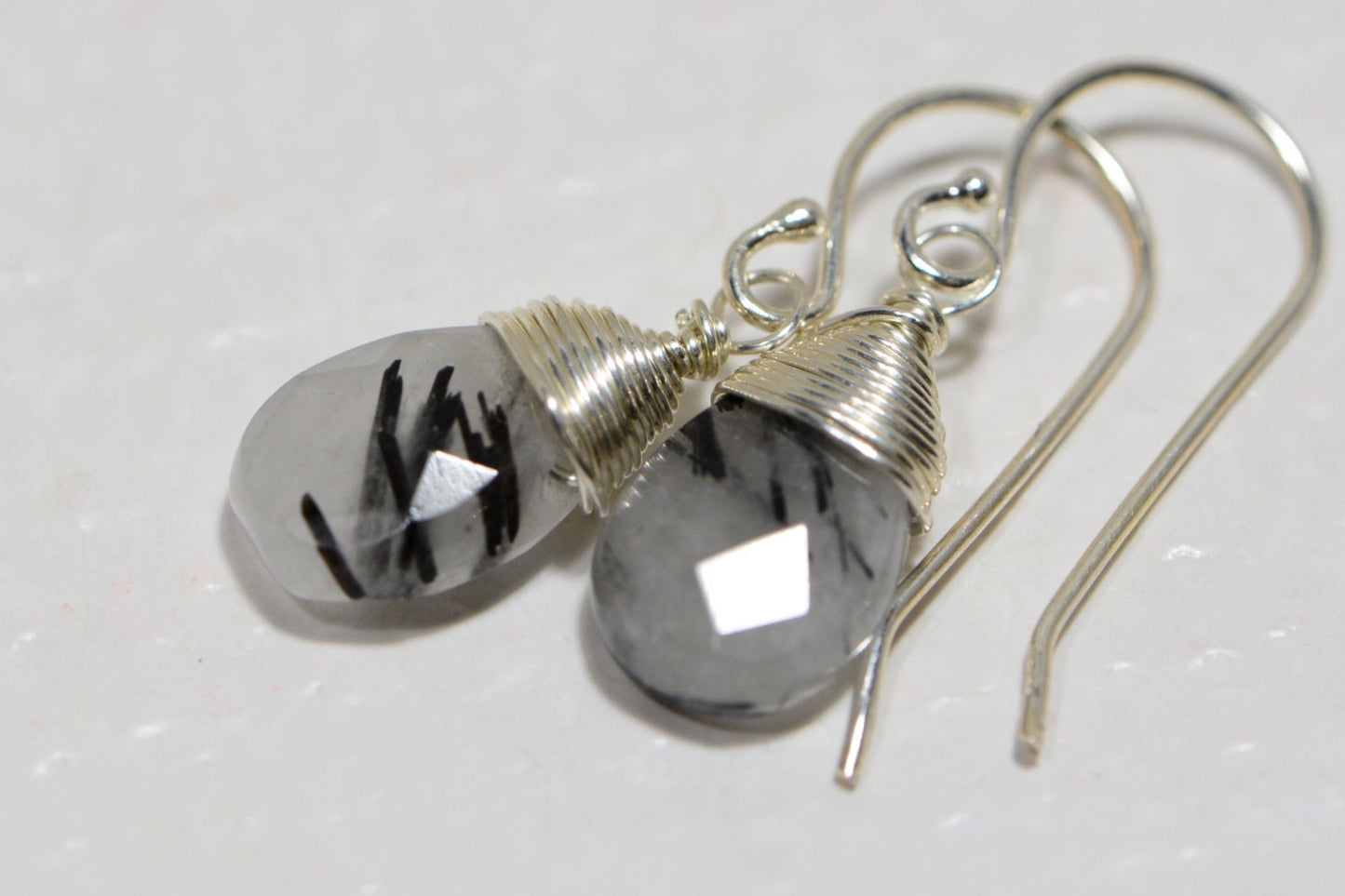 Tourmalated Quartz Earrings, Sterling Silver Wire Wrapped Gemstone Dangles