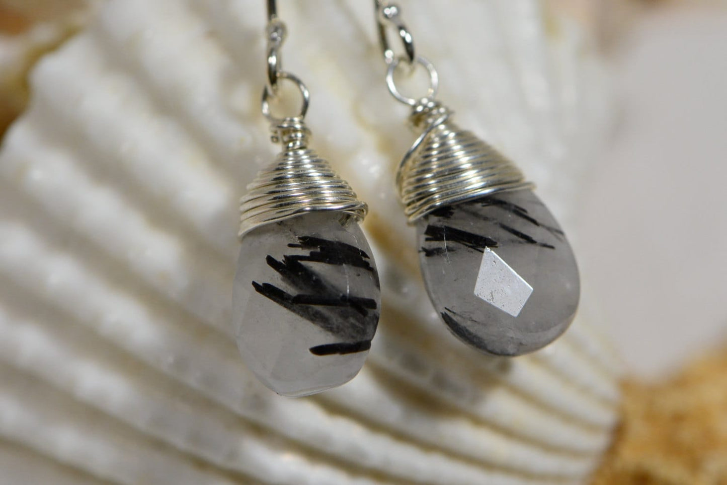 Tourmalated Quartz Earrings, Sterling Silver Wire Wrapped Gemstone Dangles