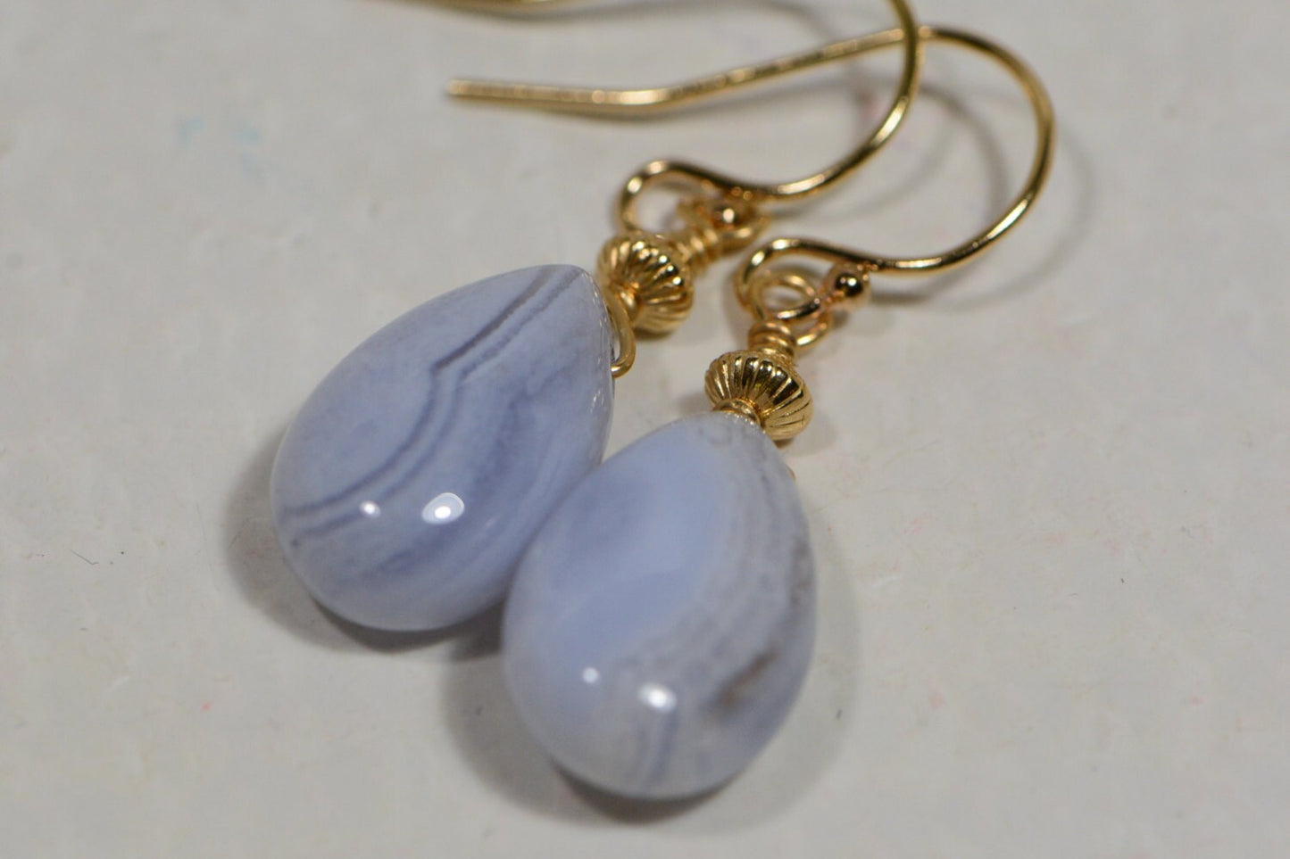 Blue Agate Drop Earrings, 14k Gold Filled Dangles, 1.5 inch