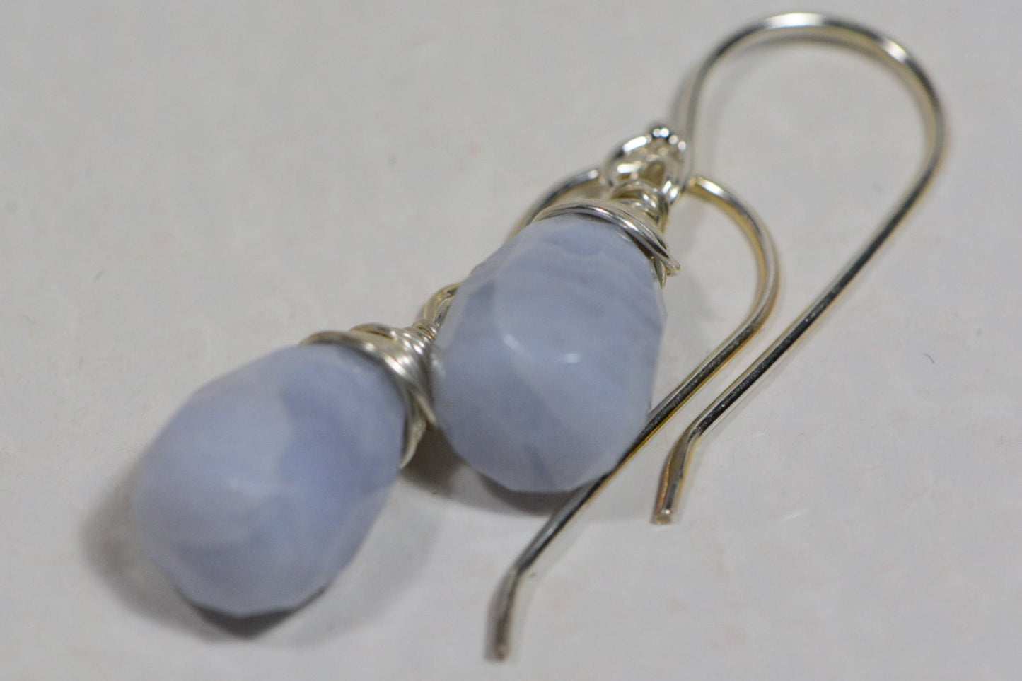 Blue Agate Briolette Earrings, Wire Wrapped Sterling Silver