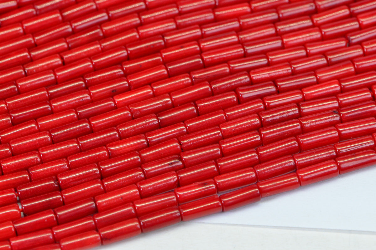 Natural Red Coral Tube Beads: 16 Inch Strand, Jewelry Making