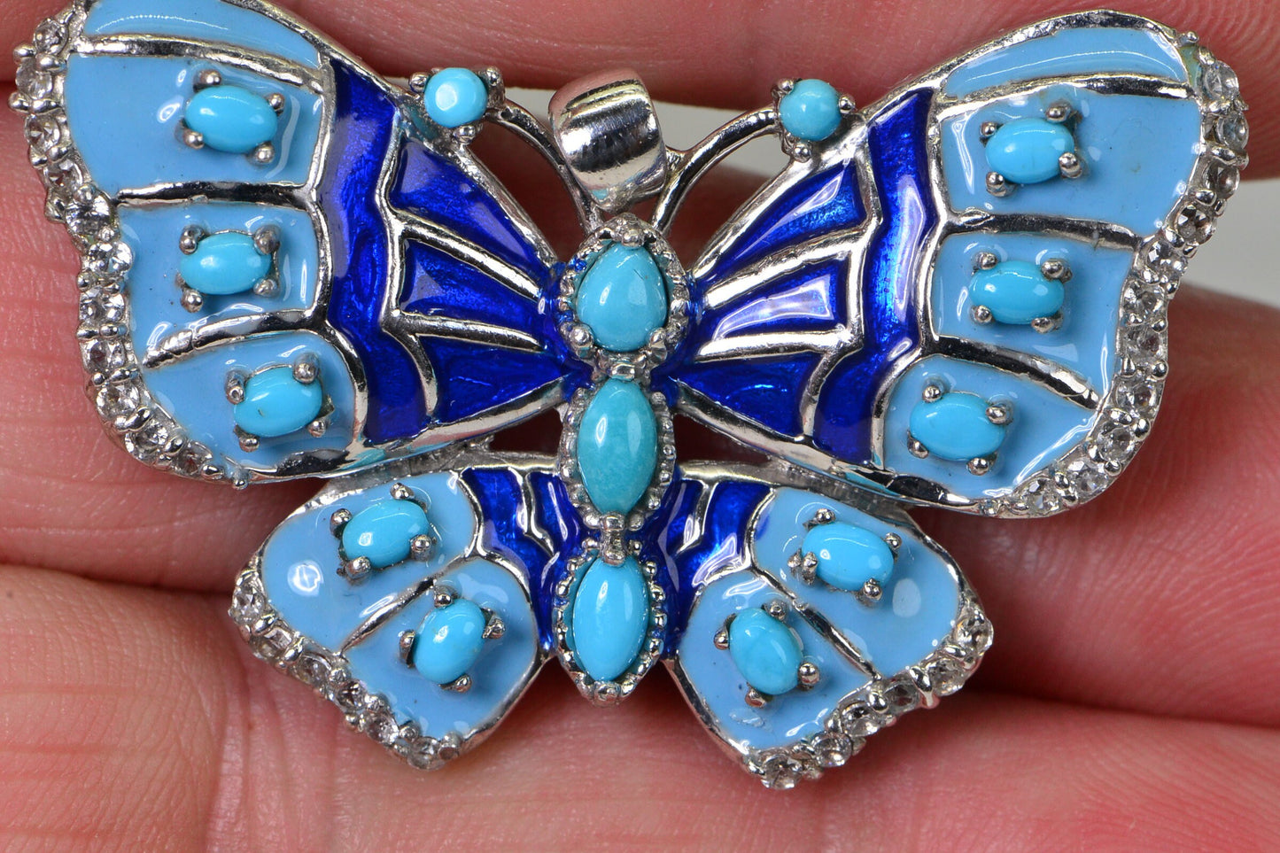 Vintage Sterling Silver Butterfly Pendant: Turquoise & Blue Enamel