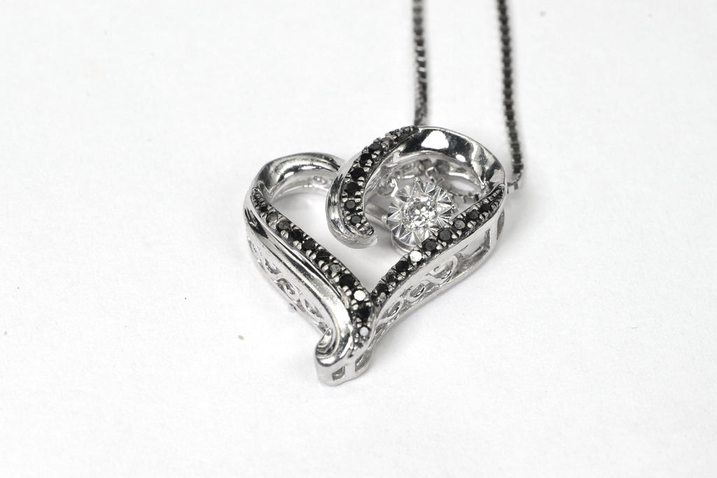 Diamond Heart Pendant: Black & White Diamonds, Sterling Silver Chain