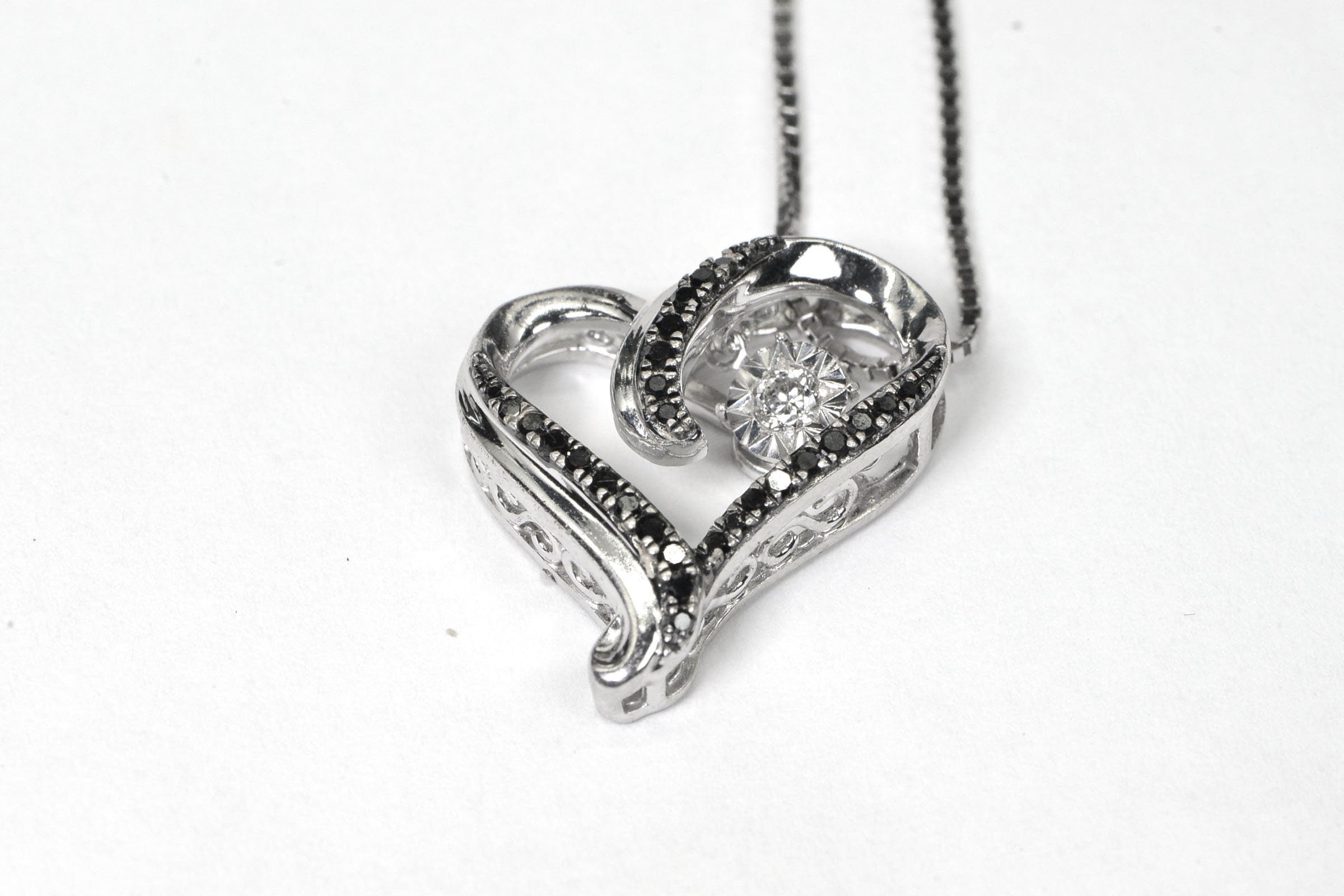 Diamond Heart Pendant: Black & White Diamonds, Sterling Silver Chain