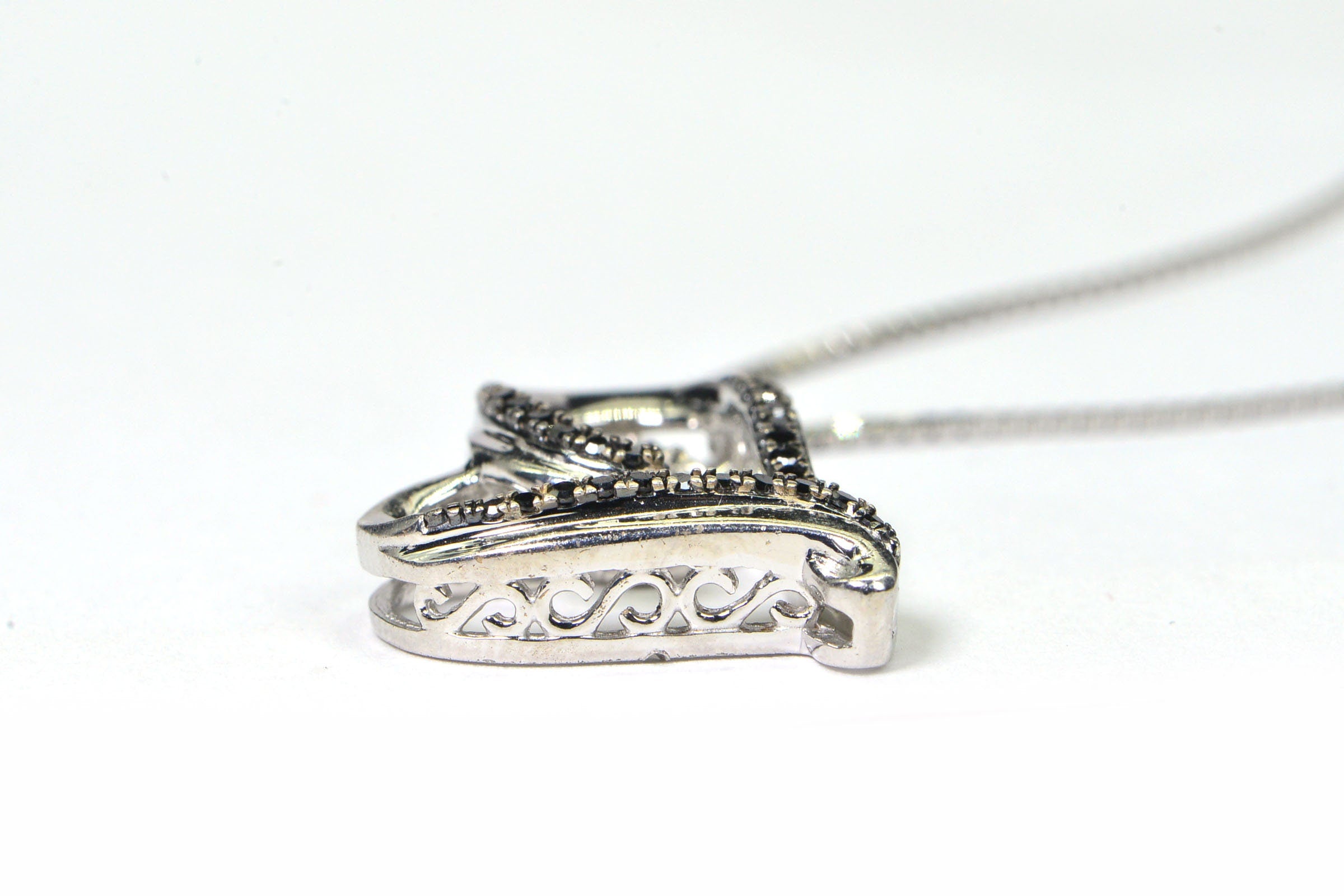 Diamond Heart Pendant: Black & White Diamonds, Sterling Silver Chain