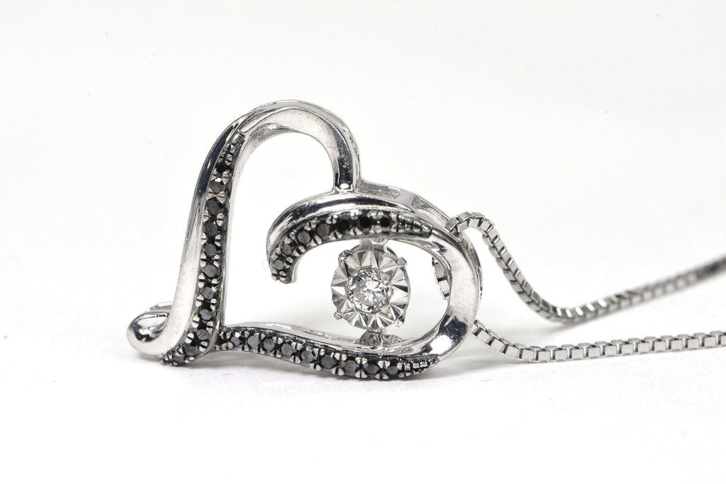 Diamond Heart Pendant: Black & White Diamonds, Sterling Silver Chain