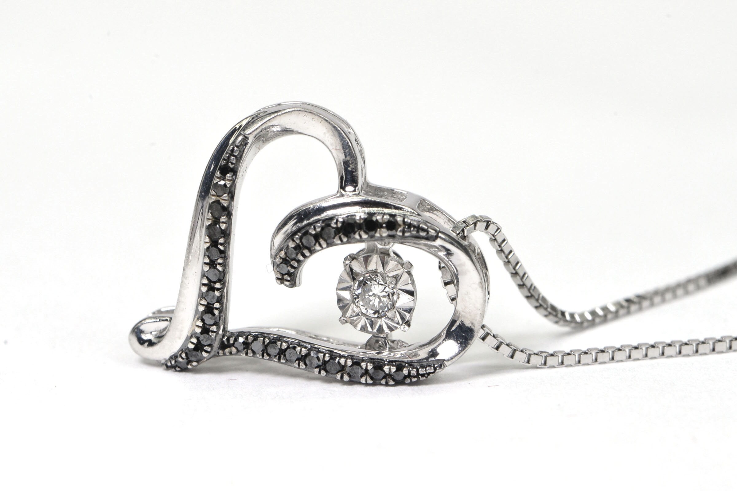 Diamond Heart Pendant: Black & White Diamonds, Sterling Silver Chain