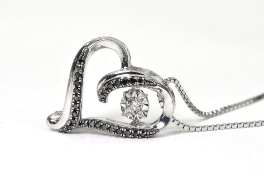 Diamond Heart Pendant: Black & White Diamonds, Sterling Silver Chain