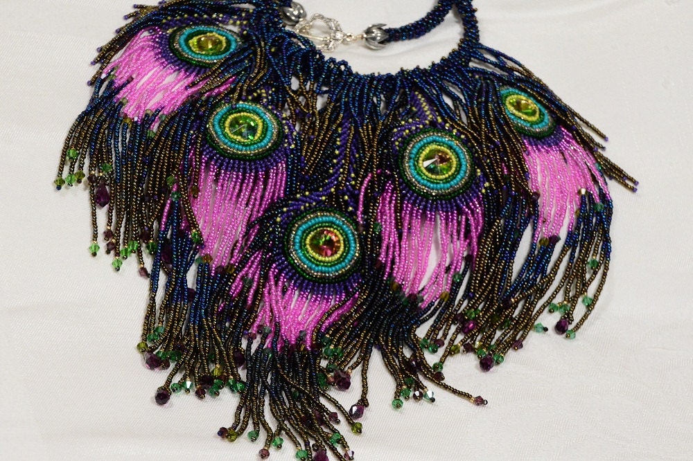 Beaded Peacock Necklace Statement Beadwork Necklace