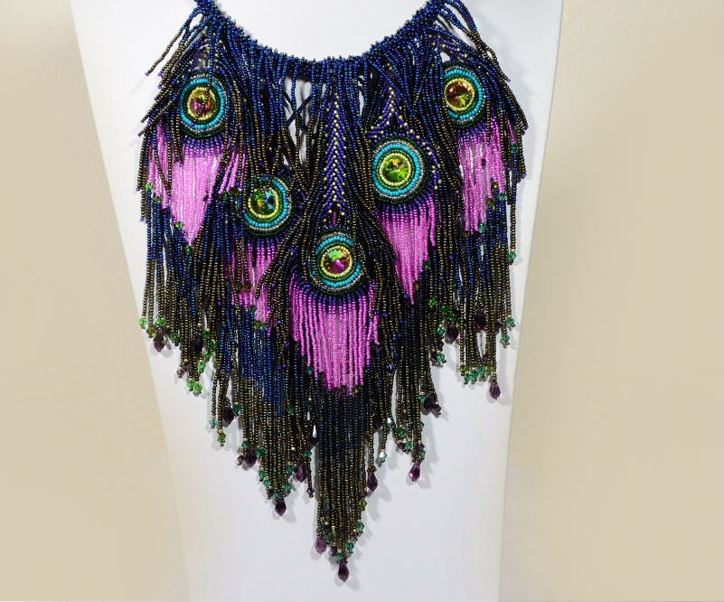 Beaded Peacock Necklace Statement Beadwork Necklace