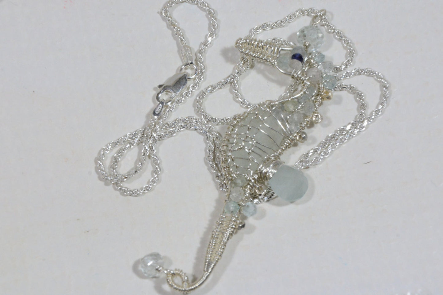 Seahorse Pendant Aquamarine Wire Wrapped Wired Jewelry Birthstone March