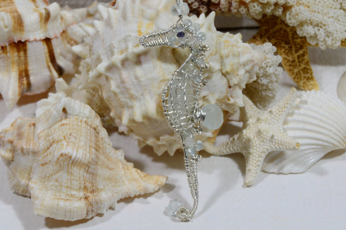 Seahorse Pendant Aquamarine Wire Wrapped Wired Jewelry Birthstone March