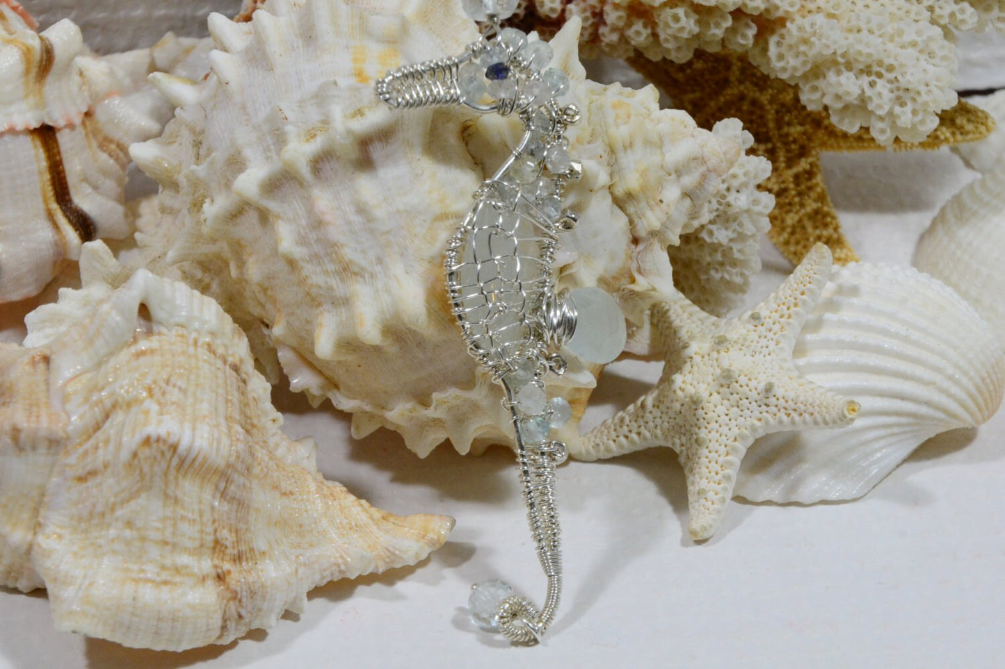 Seahorse Pendant Aquamarine Wire Wrapped Wired Jewelry Birthstone March