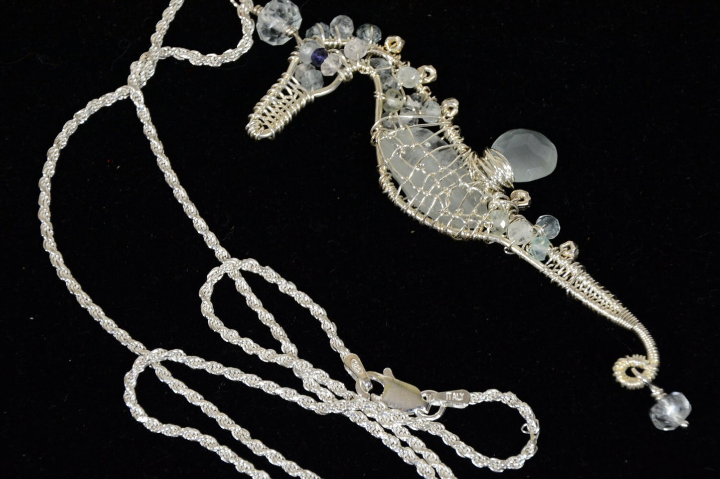 Seahorse Pendant Aquamarine Wire Wrapped Wired Jewelry Birthstone March
