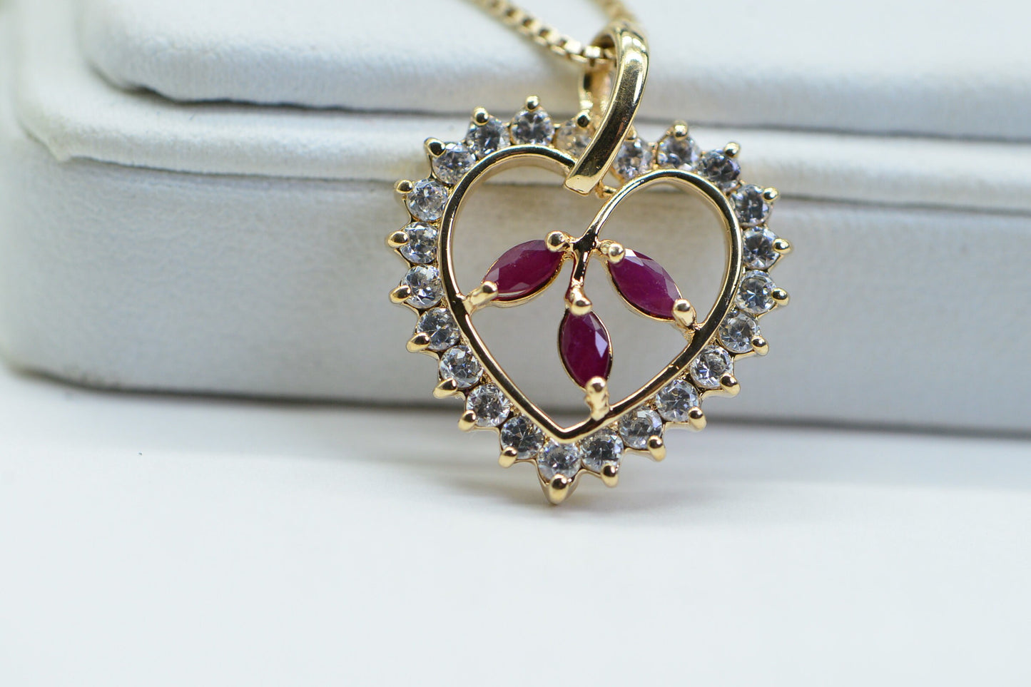 Ruby Heart Pendant: Simulated Diamond, 14K Gold Over Sterling Silver