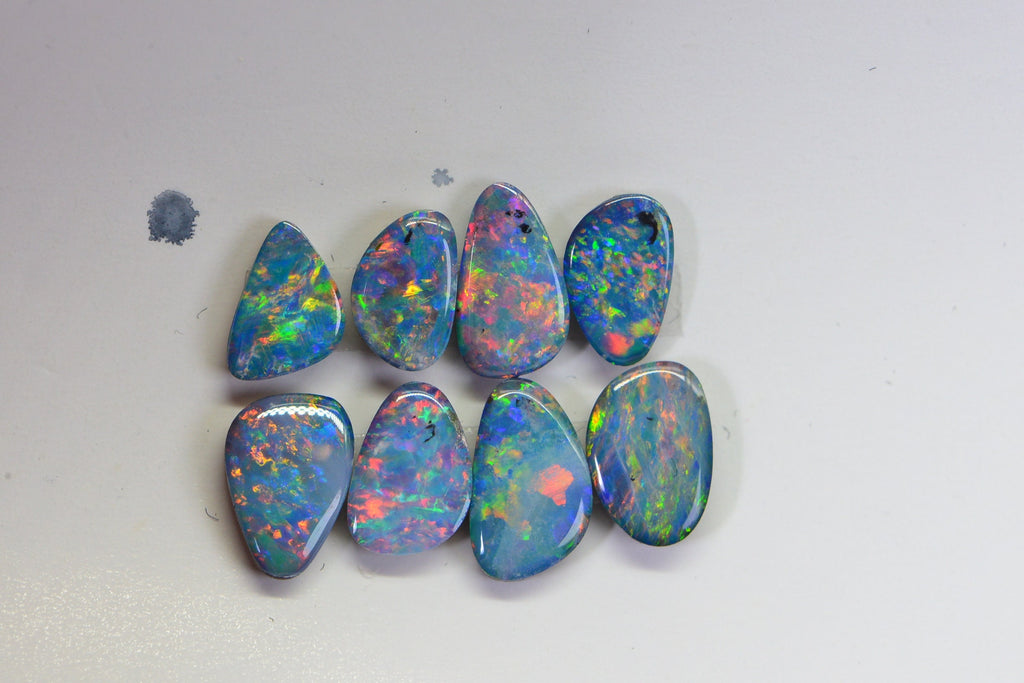 8 Australian Black Opal Doublet Cabs: 2.80 CT Blue Flash Gemstone