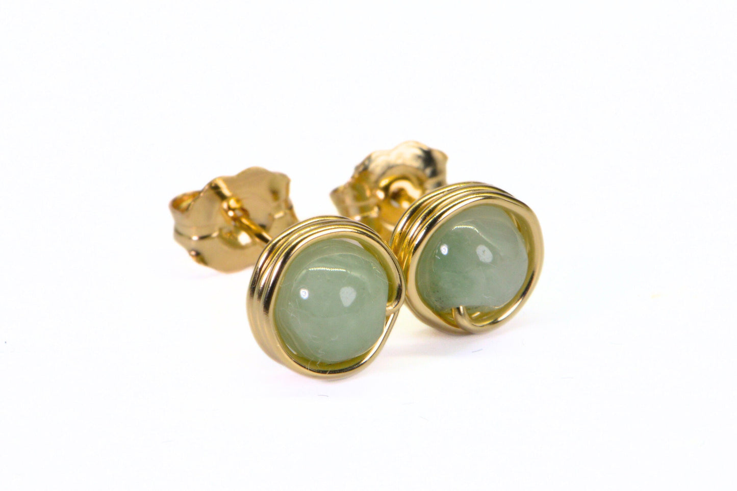 Burma Jade Ice Green Wire Wrapped 14K Gold Petite Stud Earrings