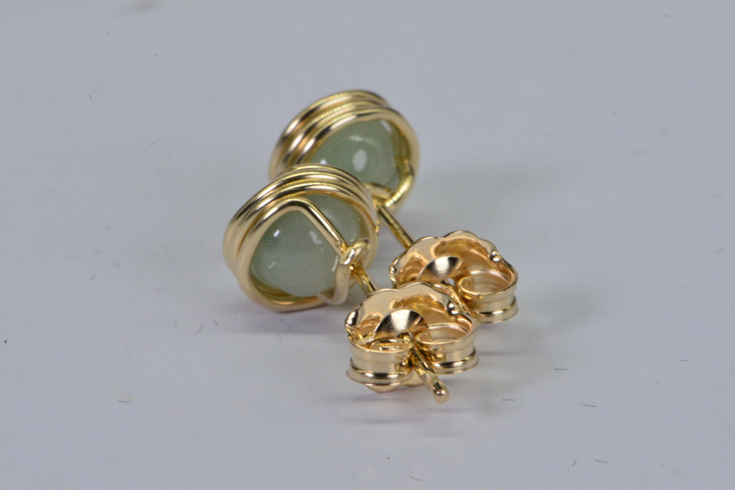 Burma Jade Ice Green Wire Wrapped 14K Gold Petite Stud Earrings