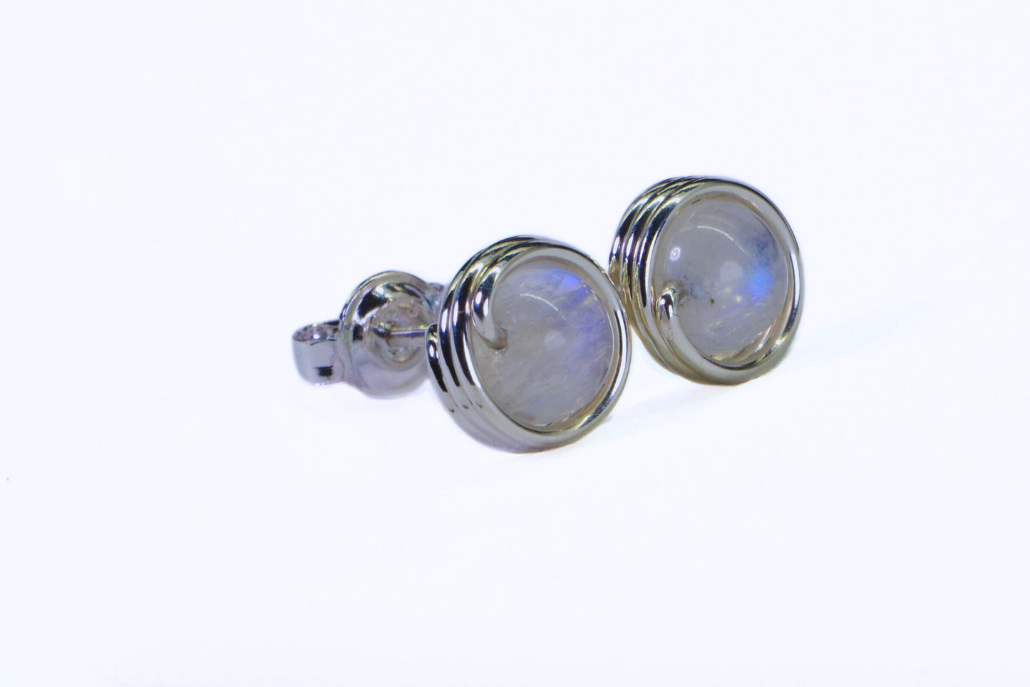 Wire Wrapped Moonstone Stud Earrings: Sterling Silver, 6mm