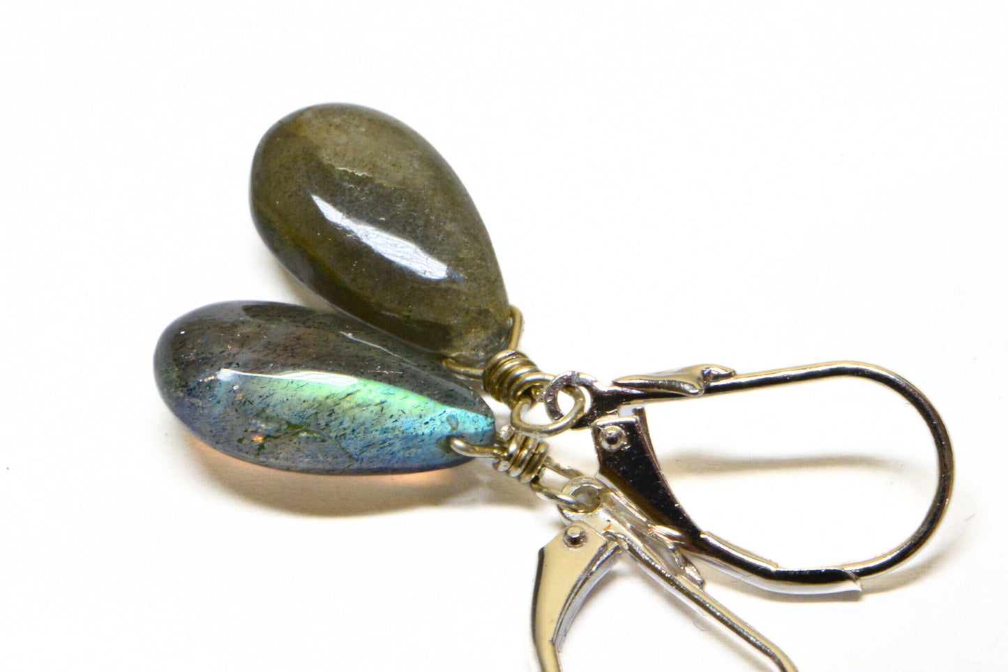 Natural Labradorite Teardrop Earrings Wire Wrapped Sterling Silver Dangle Drop Earrings Birthstone Gift